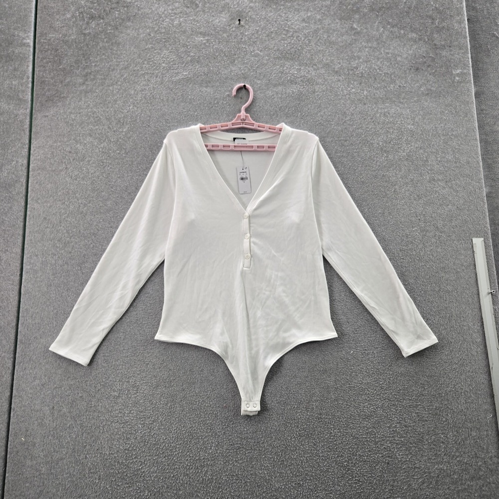 Express Women Blouse‎ XL White Bodysuit Rib Knit Henley V-Neck Front Fitted NWT